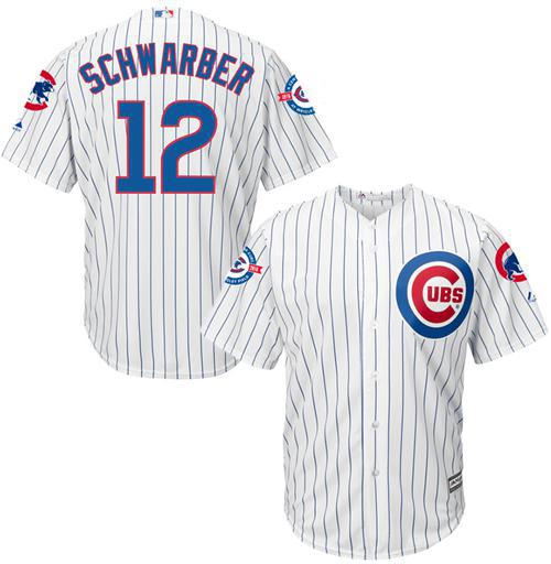 Cubs #12 Kyle Schwarber White Strip New Cool Base with 100 Years at Wrigley Field Commemorative Patch Stitched MLB Jersey - Click Image to Close